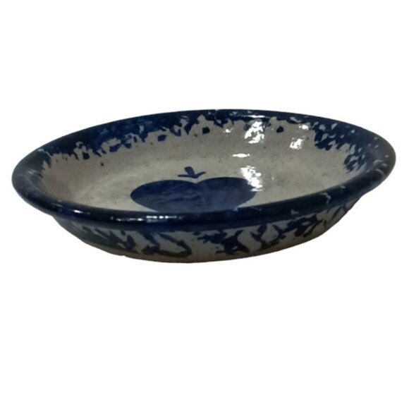 Vintage Bastine Pottery Spongeware Stoneware Dish Blue‎ Heart 1986 Signed - Picture 3 of 6